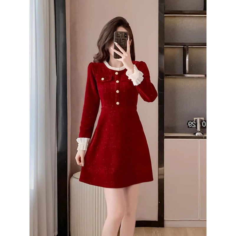 Temperament Socialite Red Dress Waist Slimming Skirt French Niche New Year'S Robe - Image 4